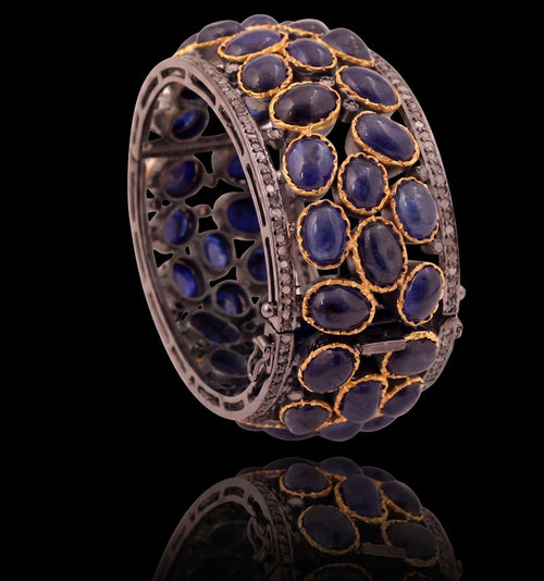 Handmade 925 Sterling Silver Blue Sapphire Bangle, Natural Rosecut Diamond Victorian Statement Bracelet