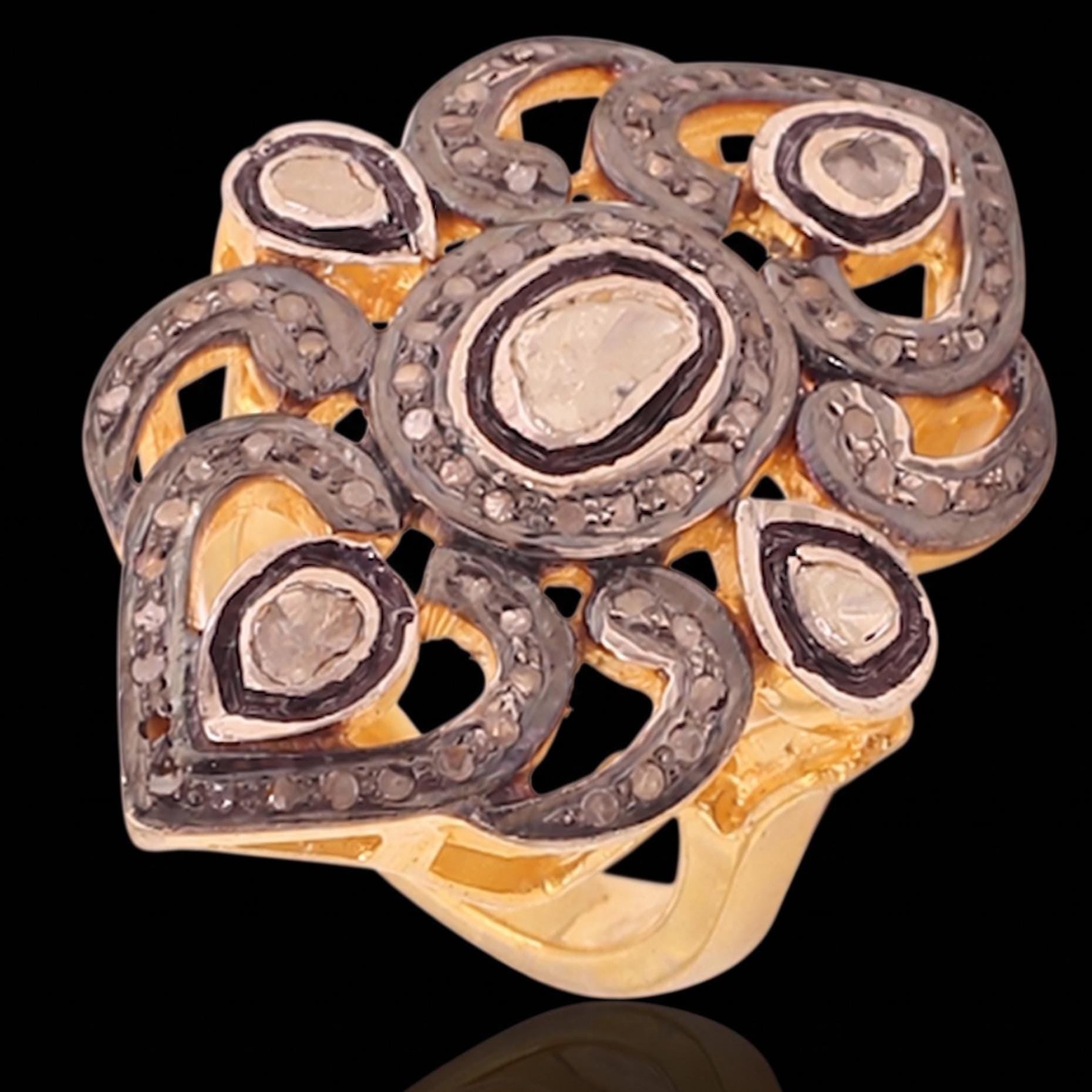 Victorian 925 Sterling Silver Rosecut Diamond Polki Statement Ring