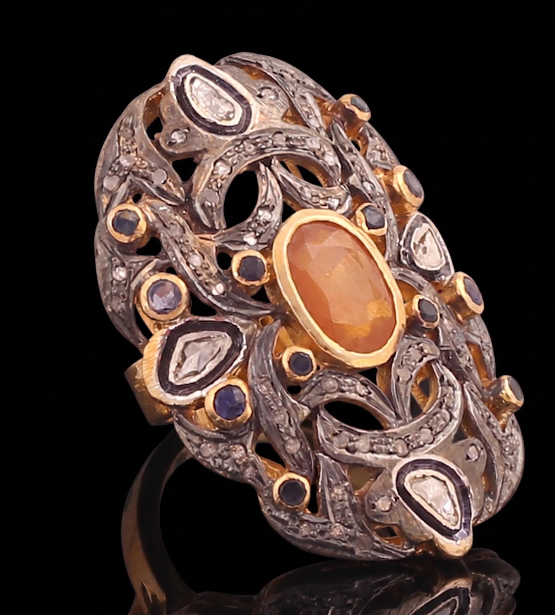 Traditional Rosecut Diamond, Polki Ring, Blue & Yellow Sapphire 925 Sterling Silver Victorian Statement Ring
