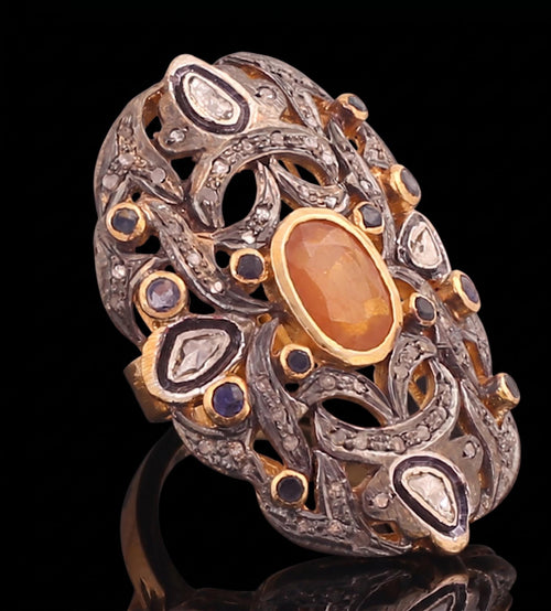 Traditional Rosecut Diamond, Polki Ring, Blue & Yellow Sapphire 925 Sterling Silver Victorian Statement Ring