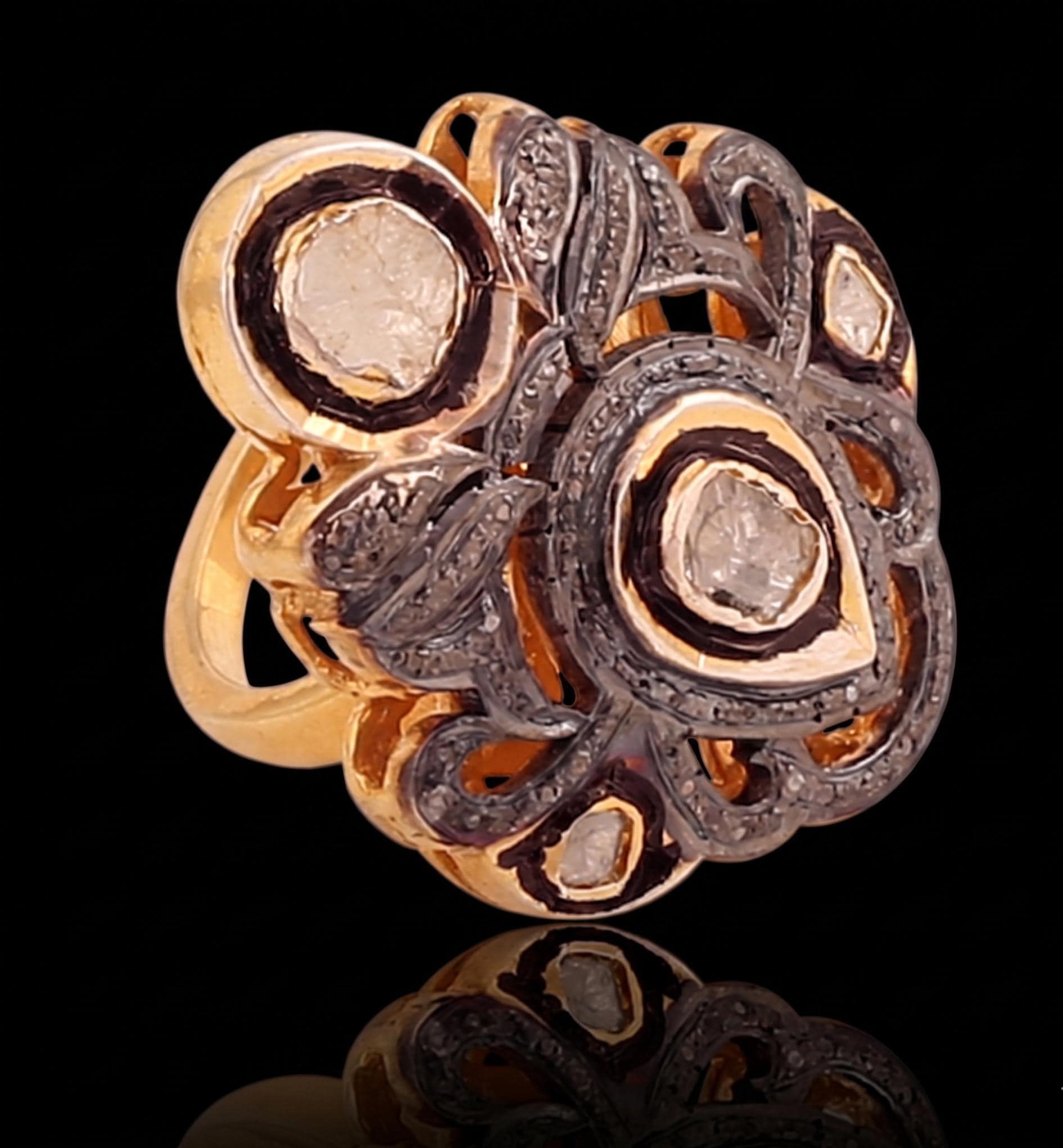 Victorian Diamond Polki Rosecut Diamond Ring, 925 Sterling Silver Statement