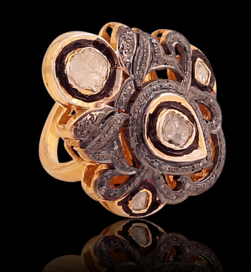 Victorian Diamond Polki Rosecut Diamond Ring, 925 Sterling Silver Statement