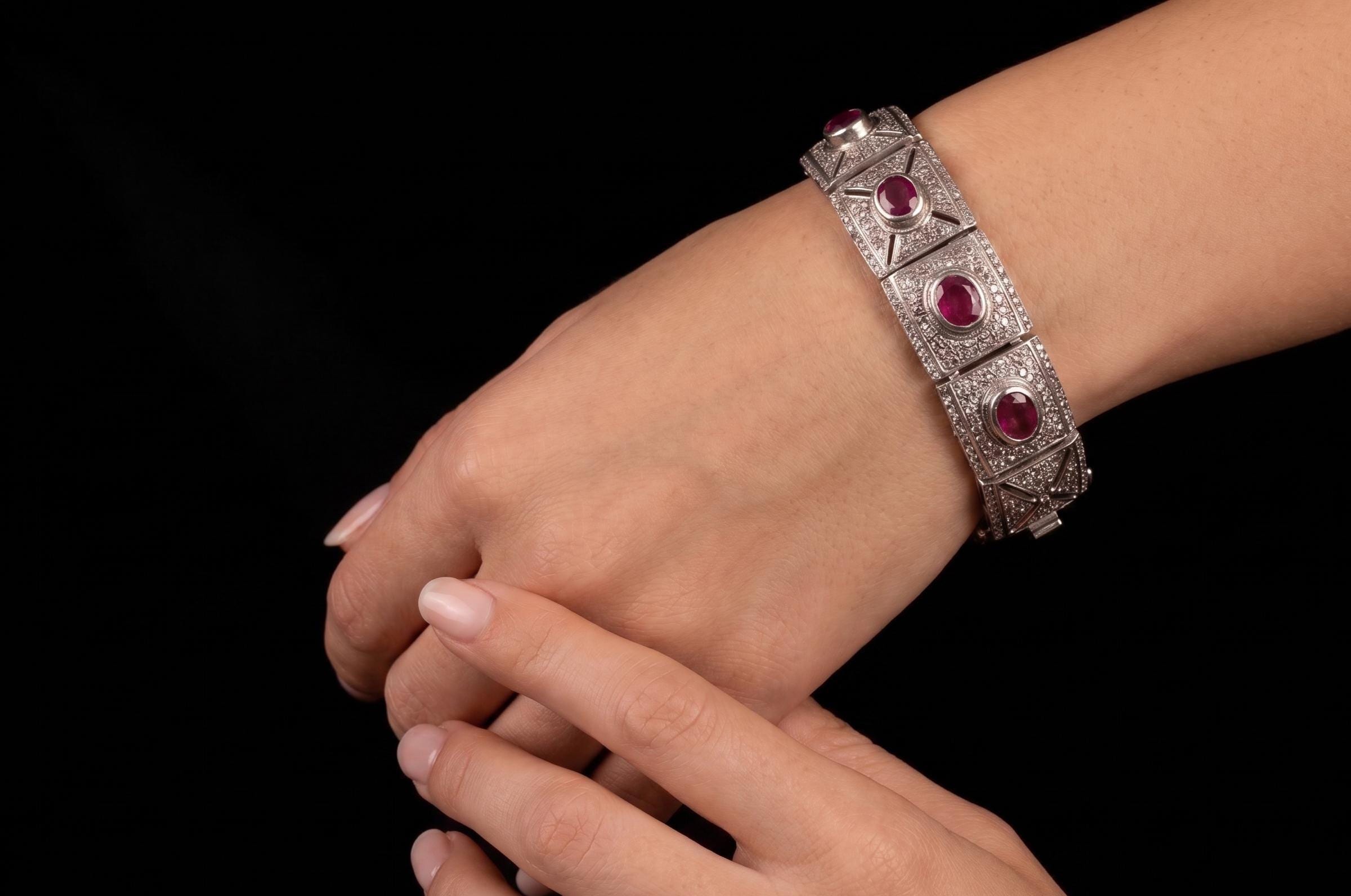 Victorian 925 Sterling Silver Ruby Bracelet, Natural Rosecut Diamond Statement Link Bracelet