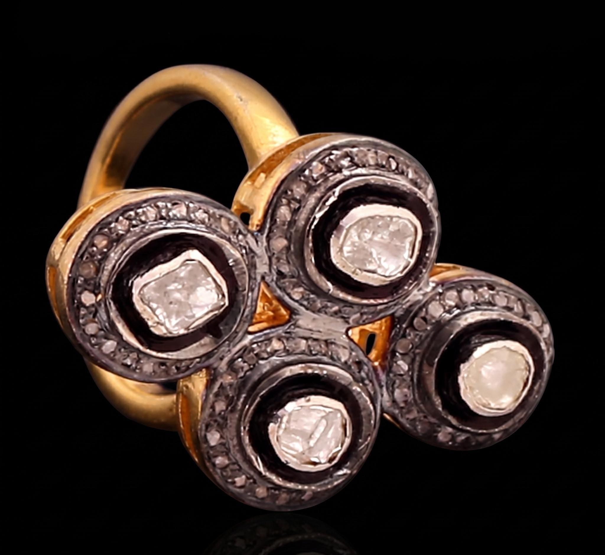 925 Sterling Silver Diamond Polki Ring, Rosecut Victorian Statement Ring