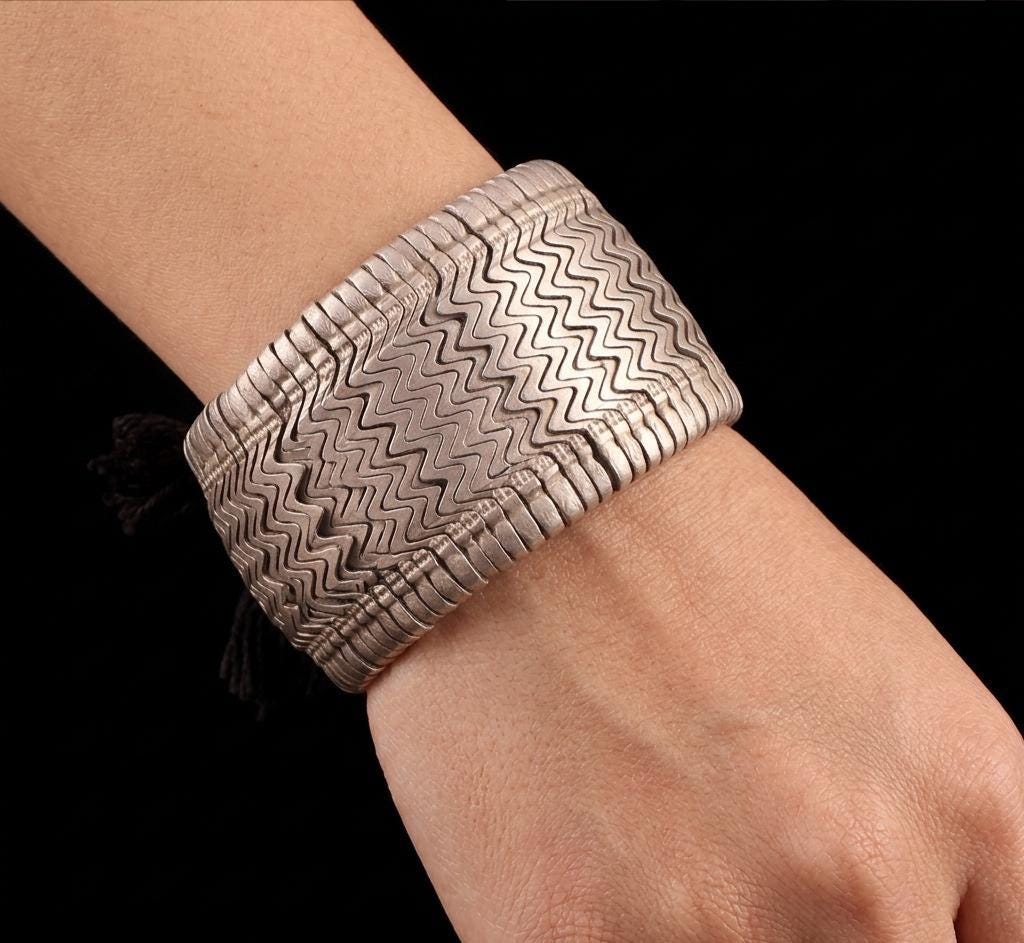 Antique Handmade Solid Sterling Silver Hand Cuff, Victorian Style Artisan Bracelet