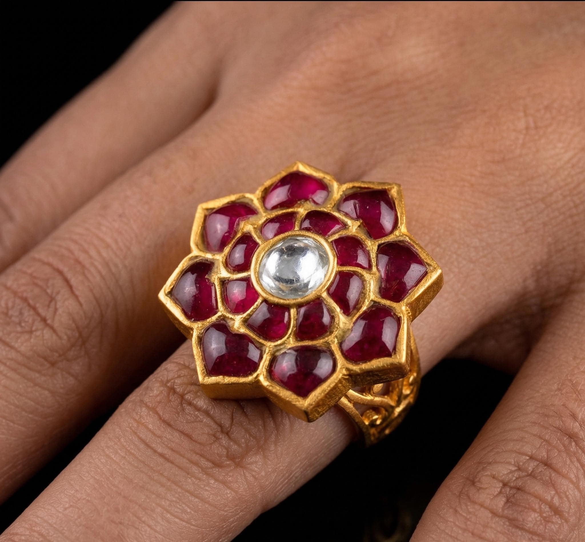 925 Sterling Silver Polki Meenakari Floral Ring, Handmade Indian Wedding Jewelry
